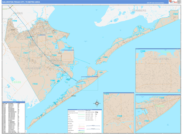 Galveston Texas City Metro Area Tx Zip Code Maps Color Cast 6680